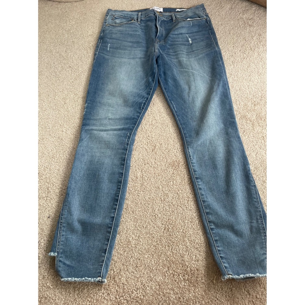 Frame Denim Le High Skinny Jeans Blue Distressed Raw Step Hem Size 32